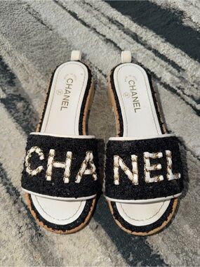 CHANEL Black Tweed Slide Mules with White-Gold Chain Logo